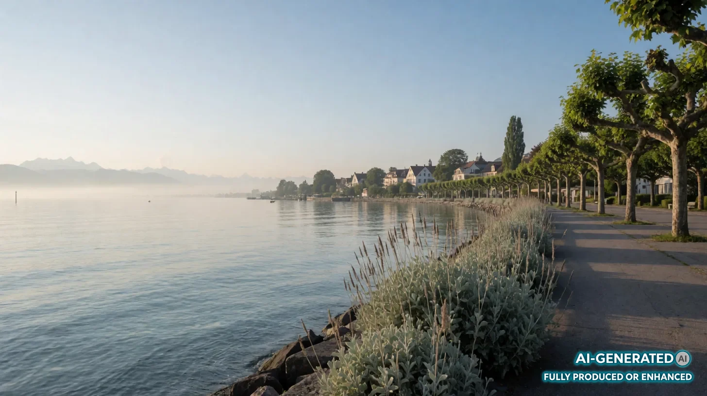 Ruhige Uferpromenade am Bodensee bei Friedrichshafen im Morgenlicht, wenige Schritte von der Praxis