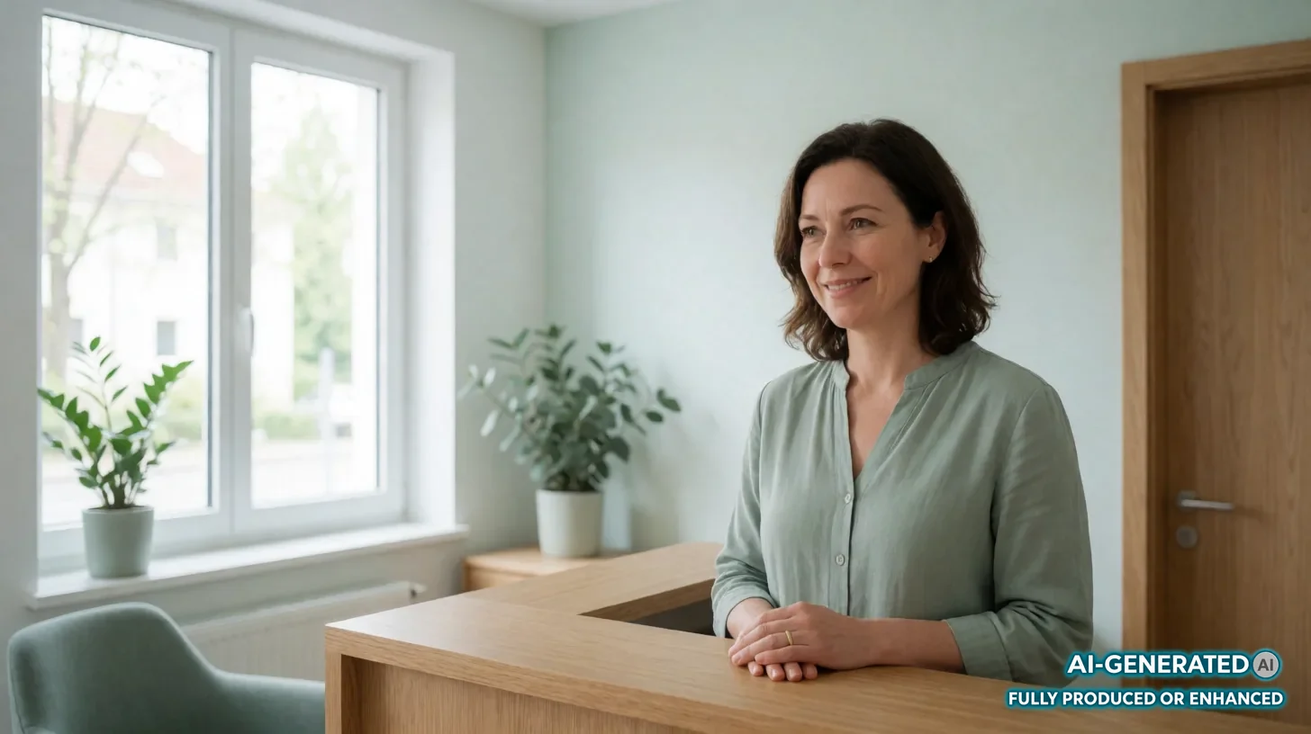Dr. med. Julia Brenner begrüßt lächelnd in den hellen Praxisräumen der Praxis am Seepark