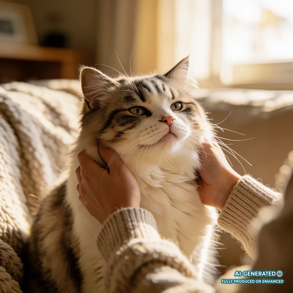 Katze wird ruhig und behutsam gestreichelt und wirkt vertrauensvoll