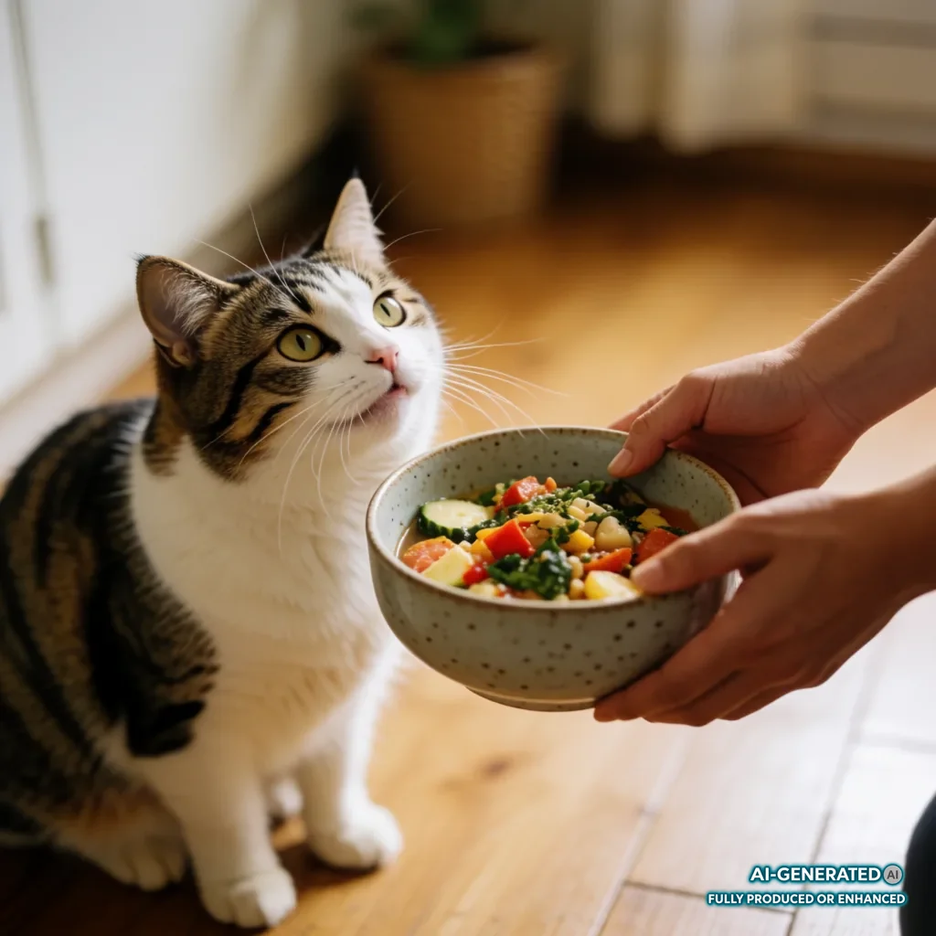 Hand stellt einer neugierigen Katze einen Napf mit Futter hin