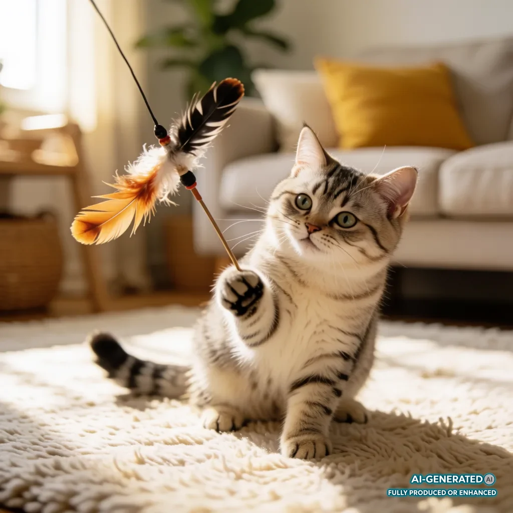 Junge Katze spielt vergnügt mit einem Federspielzeug auf einem weichen Teppich