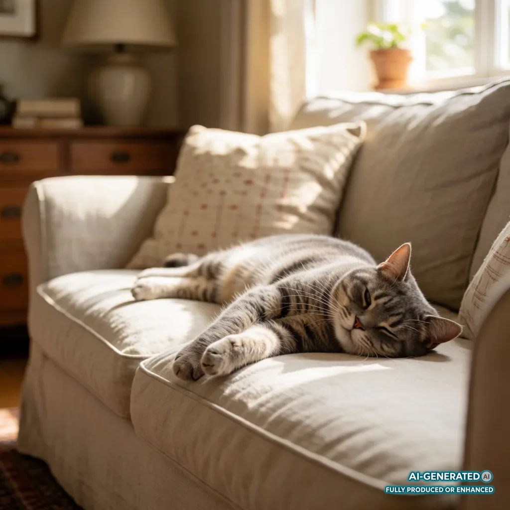 Getigerte Katze liegt entspannt ausgestreckt auf einem hellen Sofa