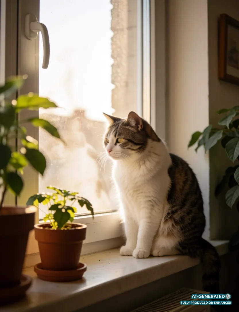 Katze sitzt entspannt am sonnigen Fenster und blickt nach draußen