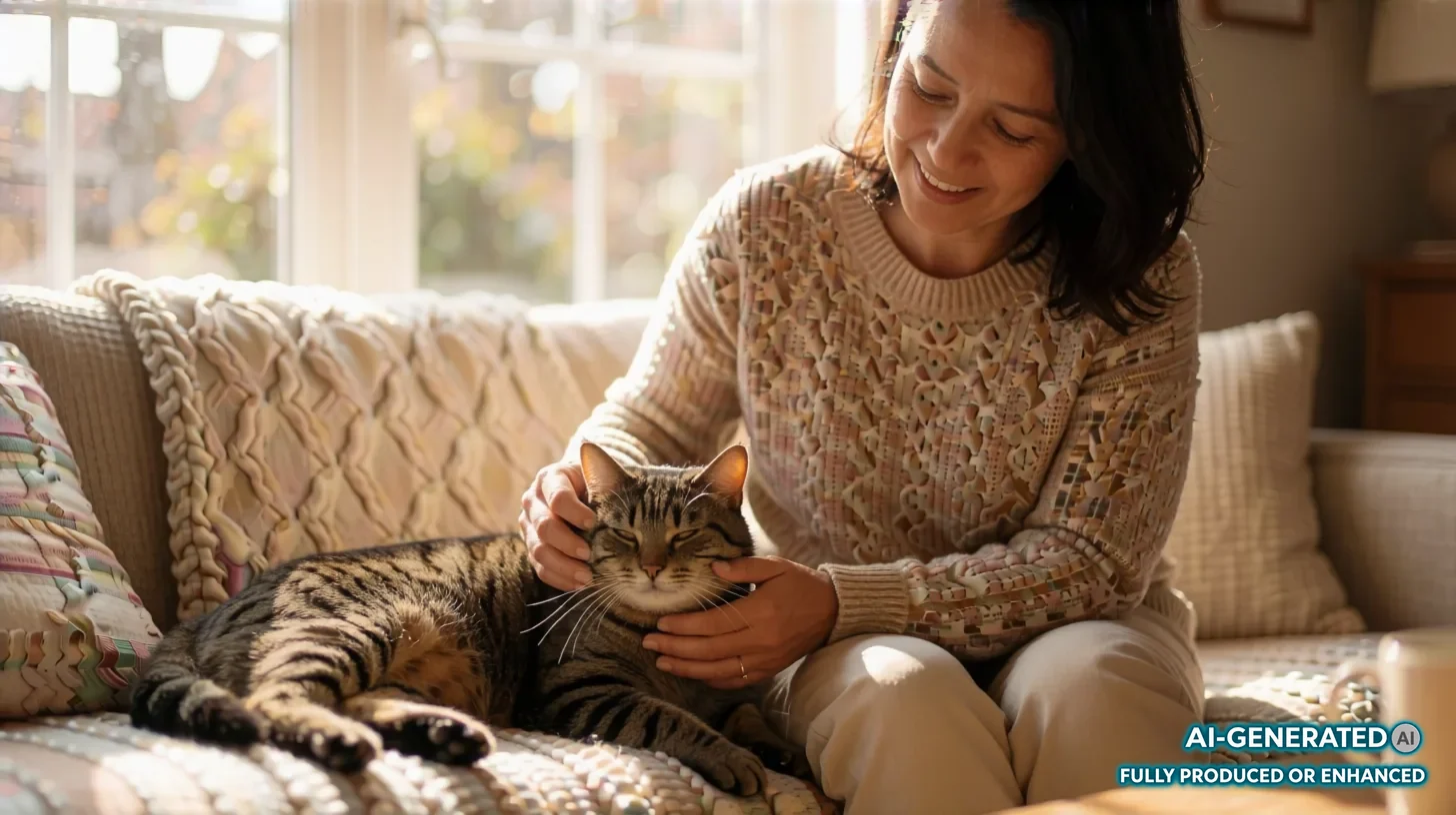 Eine Frau streichelt entspannt eine Katze auf dem Sofa im warmen Morgenlicht