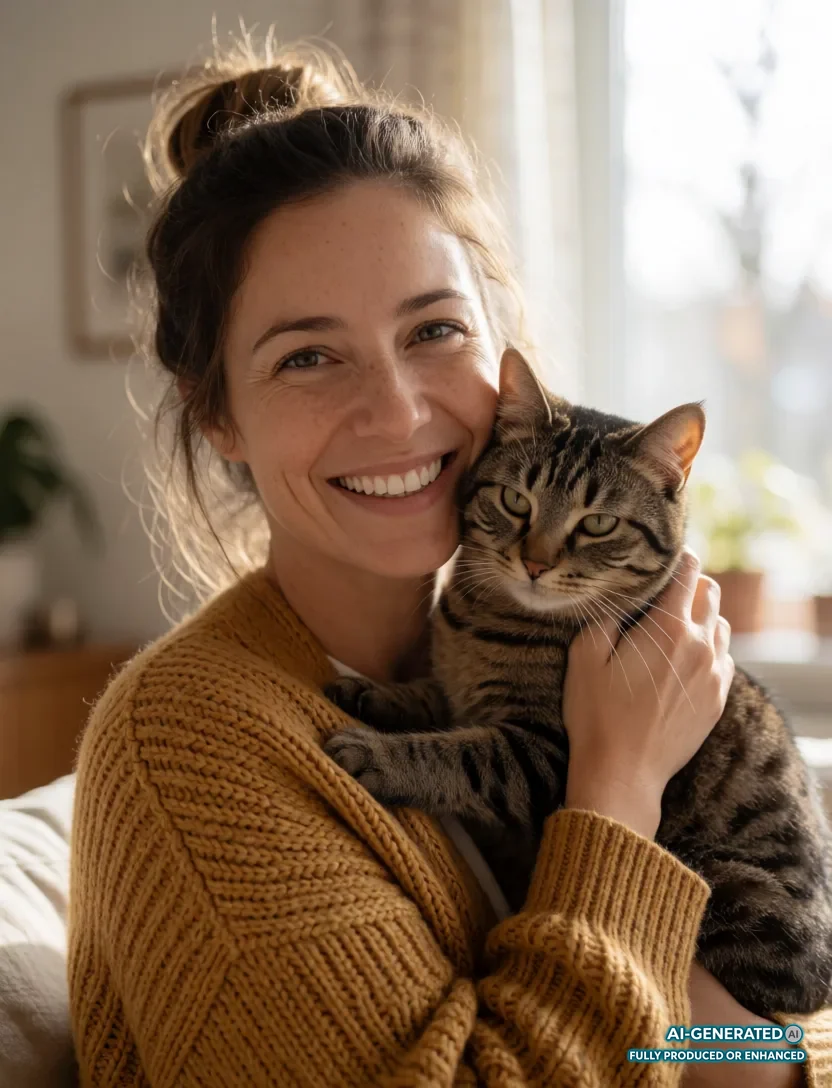Lena Vogt, freundliche Katzenbetreuerin, hält eine ruhige Katze im Arm