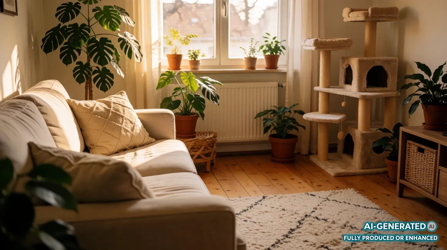 Gemütliches, sonnendurchflutetes Wohnzimmer mit Sofa, Zimmerpflanzen und Kratzbaum